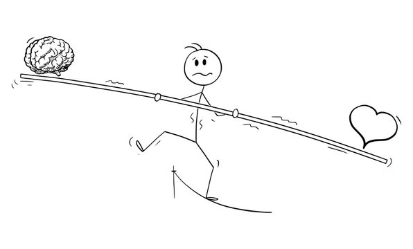 Vector cartoon stick figure drawing conceptual illustration of man or businessman tightrope walker walking on rope with bar. Balancing heart and brain.