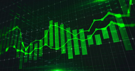 Stock market trading graph in green color as economy 3D illustration background. Trading trends and economic statistics.