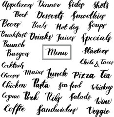Set of brush lettering words for food menu. Handwritten overlay text for logo, menu, poster, banner, invitation, party, billboard, bar, cafe, restaurant, hotel. Calligraphy graphic elements.
