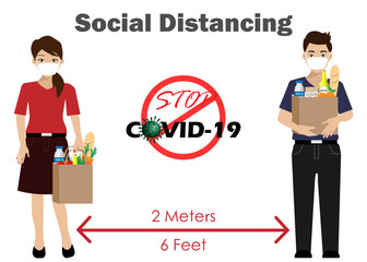 Social Distancing. Man and woman with face mask holding grocery bags keeping distance 2 meters to protect from COVID-19 corona virus spreading. Idea for COVID-19 outbreak, prevention and awareness.