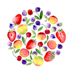 Watercolor fruit berry circle round card. Strawberry, blueberry, cherry, apricot, peach fruits. Modern color trendy template for label, banner, card design, poster, cover print