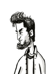 hand drawn sketch portrait of cartoon character young bearded stylish man isolated on white 
