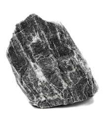 Dark grey single stone of a different form isolated on a white background. Whole large stone isolated on a white background. Front view. Rock stone isolated on white background. With soft shadow.