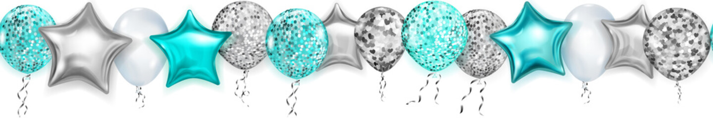 Banner with shiny balloons in light blue and silver colors, round and in the shape of stars, with ribbons and shadows, on white background, with horizontal seamless repetition