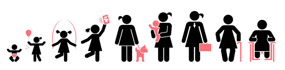 Nine stages of a woman's life. Icon set of lifespan, infancy, toddler, childhood, early school age, adolescence, early adulthood, middle age, older age.
