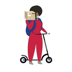 A young black female character holding a cardboard box. Courier in a medical mask on a scooter with a box. Delivery service, courier.Vector illustration in flat style