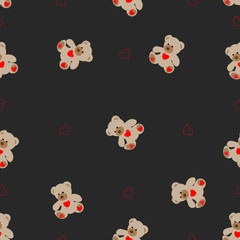 Seamless pattern vector illustration of hand drawn bear with heart Ink drawing, beautiful animal design elements Funny illustration Valentine's Day toy on black background