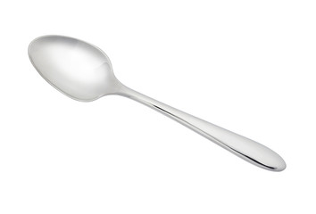 Satin metal spoon, isolated on a white background.