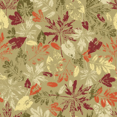 Leaf imprints Seamless pattern. Leaves grunge background. Foliage wallpaper. 