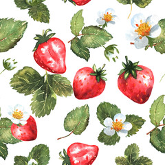 Berries seamless pattern in watercolor. Colorful background with red strawberries, leaves and flowers. Natural illustration. Spring blossom. Collection for print and cards. Vector. - 344223440