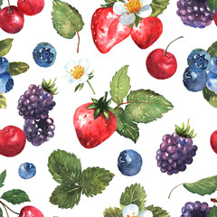 Berries seamless pattern in watercolor. Colorful background with strawberries, blackberries, cherries and blueberries. Natural illustration. Spring blossom. Collection for print and cards. Vector.