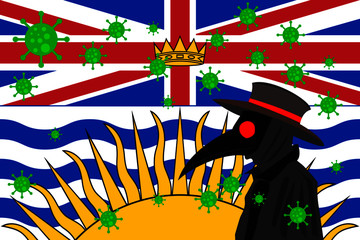 Black plague doctor surrounded by viruses with copy space with BRITISH COLUMBIA flag.