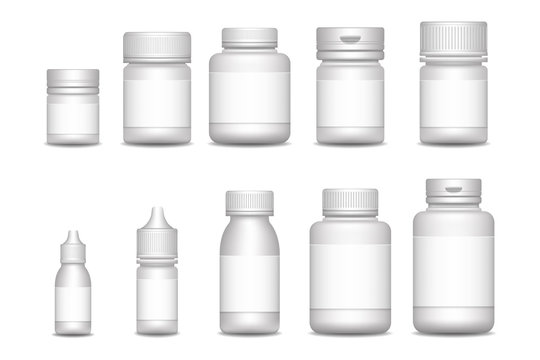Empty pill containers. Medical Sprays, spray bottles, container for drug, medicine jar with cap. Realistic mock-up of white plastic pack.