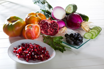 Still Life of fruit and vegetables on the white background
