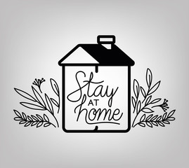 Stay at home text with house and leaves vector design
