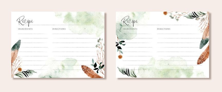 recipe card with rustic branches and feather watercolor