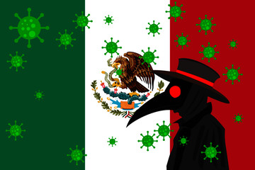 Black plague doctor surrounded by viruses with copy space with MEXICO flag.