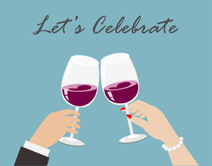 Businessman hand and woman hand toasting glass of red wine. Isolated on white background. Vector Illustration. Idea for festival, business or lover celebrated in special occasion.