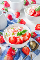 Summer morning rice pudding or rice porridge with strawberry and berry syrup in small bowl for, With milk and fresh strawberry copy space