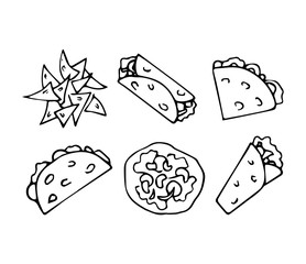 Hand drawn Mexican traditional food set. Burrito, tacos, tostados, quesadillas, nachos isolated on white background. Vector illustration for menu, poster, web.
