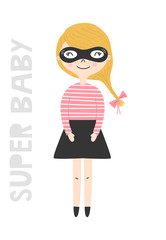 Kids poster with cute ginger girl superhero and hand drawn lettering. Baby nursery wall art. Vector illustration.