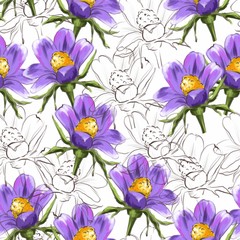 Flowers seamless pattern of wild flowers and leaves in purple and white