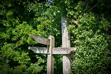Footpath sign post showing a choice of routes.