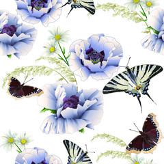 Charming white poppies with daisies and field grass surrounded by beautiful butterflies. Textile composition, template for design of print, fabric, wallpaper and box.
