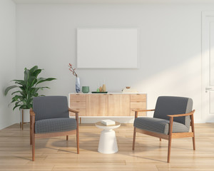  Minimal living room with armchair and sideboard, white wall and picture frame. 3d rendering