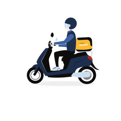 Delivery man riding motorcycle on white background. vector Illustration.
