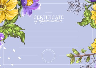 Certificate training. study. diploma. reward. flowers. yellow. lilac. beauty master