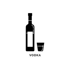 Illustration with silhouette bottle and glass vodka. Isolated object in line art style. Strong beverage label. White background. Design concept party, celebration. Modern sign