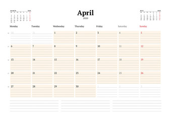 Calendar template for April 2020. Business monthly planner. Stationery design. Week starts on Monday.