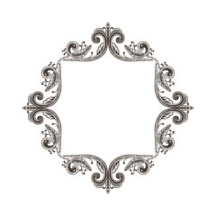 Hand Drawn Vintage damask ornamental elements for design. Baroque frame scroll ornament. Retro Elegant abstract floral pattern border in antique style.