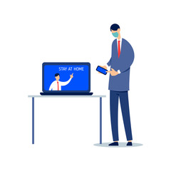 Manager informs employee via an Internet connection about need to work remotely. Businessman contacts the management by phone. Stay at home. Flat design isolated. Illustration on white background