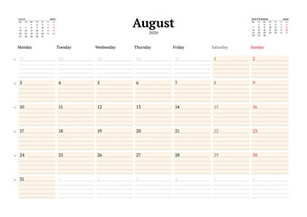 Calendar template for August 2020. Business monthly planner. Stationery design. Week starts on Monday.