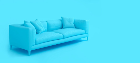 Modern scandinavian blue sofa with soft pillows on blue background with shadow. Creative interior layout. Minimalistic style. Template for advertising, design. Furniture, interior object stylish couch