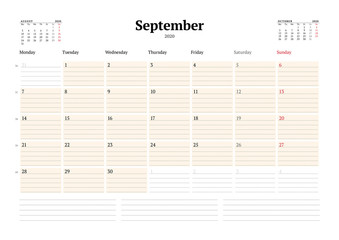 Calendar template for September 2020. Business monthly planner. Stationery design. Week starts on Monday.