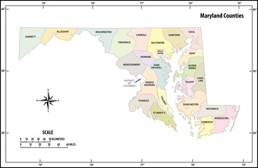 Maryland state outline administrative and political vector map in color