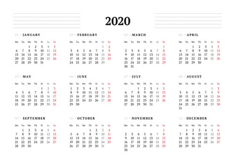 Calendar template for 2020 year. Stationery design. Week starts on Monday.