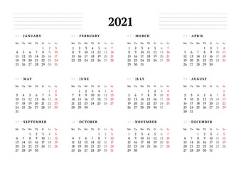 Calendar template for 2021 year. Stationery design. Week starts on Monday.