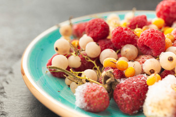 Set of frozen summer berries. Vitamin dessert in  winter.