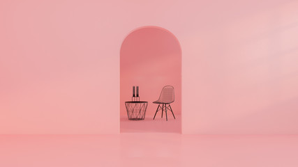 Pink room with chair and coffee table. 3D illustration