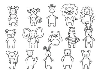 Fototapeta premium Set of funny cartoon animals, lion, Zebra, elephant, giraffe, lamb, bull, hedgehog, Fox, bear, hare, monkey, mouse, deer, owl, pig. Cute coloring book for kids. Black sketch, simple shapes, vector.