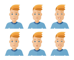 Vector set of male avatar icons with various face expression. Man with different kind of emotions.