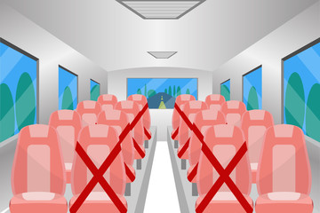 Social distancing chair space inside bus,  for protect pandemic of virus Covid-19, COVID-19 Quarantine. Pandemic Coronavirus Reducing risk of infection, social distancing concept.