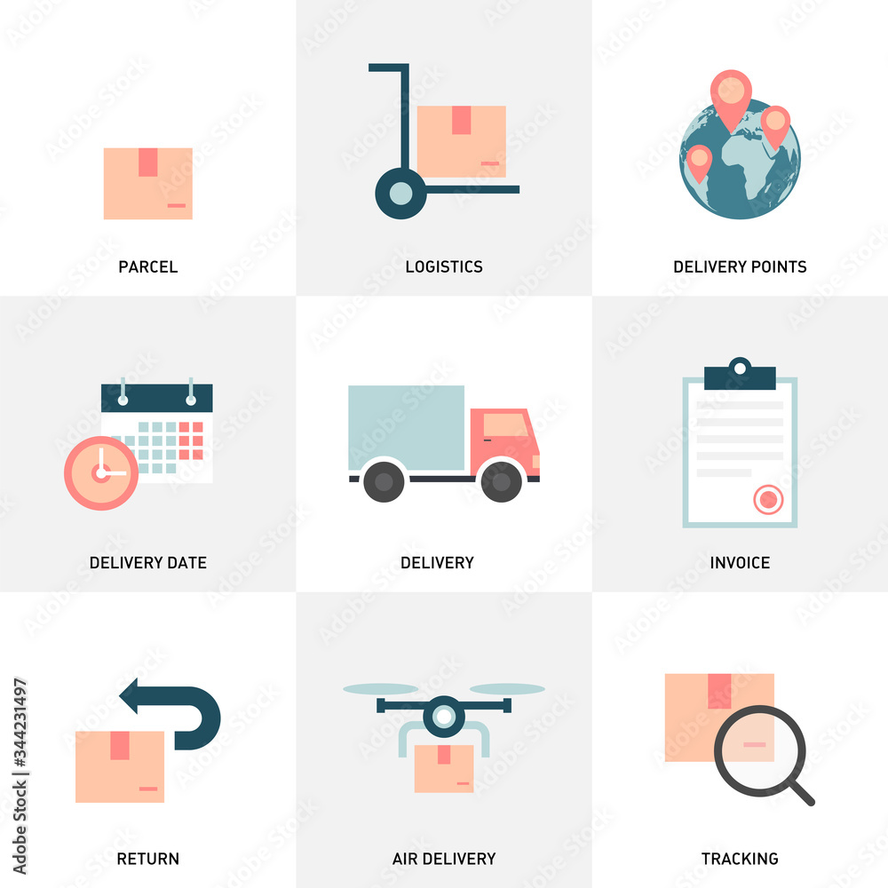 Poster logistic delivery flat vector icons pack. a set of logistic delivery icons that are simple, useful a