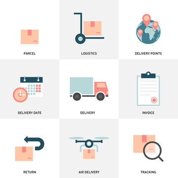 Logistic Delivery Flat Vector Icons Pack. A set of logistic delivery icons that are simple, useful and optimal for projects, pack related to vehicles, shipment, and travel whatever use for logistic.