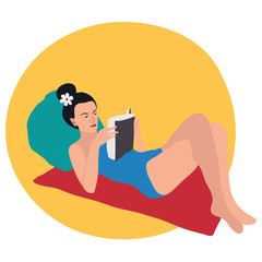 Girl reading book. Colorful summer vector illustration.