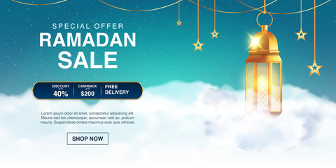Ramadan Kareem promotional banner background template vector design Decorated With 3d Realistic arabic lantern and clound. Islamic eid mubarak special sale